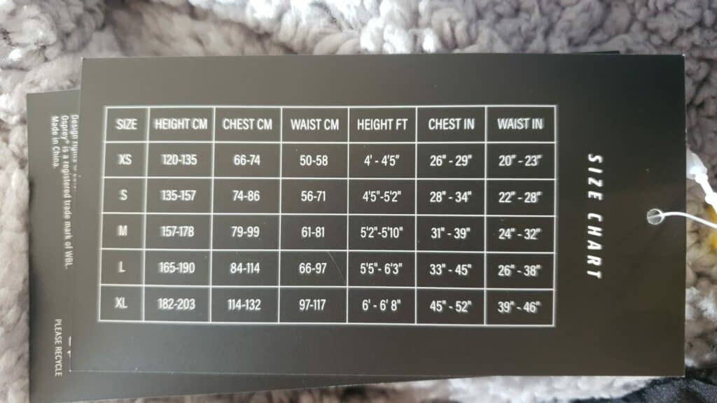 Osprey Size Chart Tag